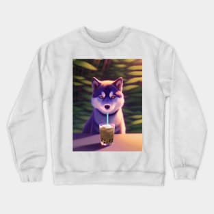 Siberian Husky with boba bubble tea Crewneck Sweatshirt